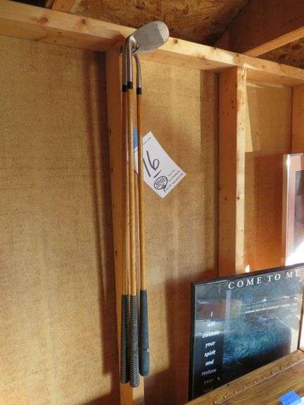 3 WOODEN SHAFT CALLAWAY HICKORY STICK SAND WEDGE , PITCHING WEDGE AND A PUTTER