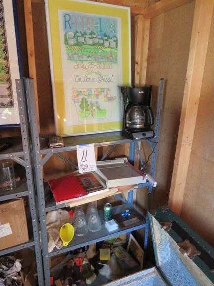 CONTENTS OF THE METAL SHEVING UNIT 30"X12"X61" PAPER CUTTER MR COFFFEE COFFEE MAKER AND LOOSE CONTENTS TO GO INCLUDES METAL SHELVING UNIT