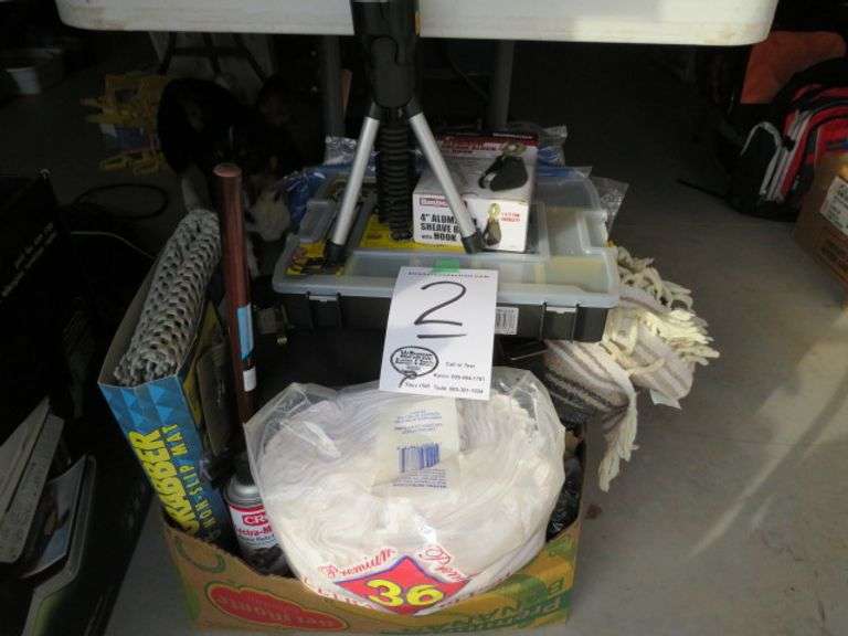 GROUP OF SHOP RAGS PLASTIC HARDWARE STORAGE BOX, 2 NEW PLASTIC TARPS, 4 ...