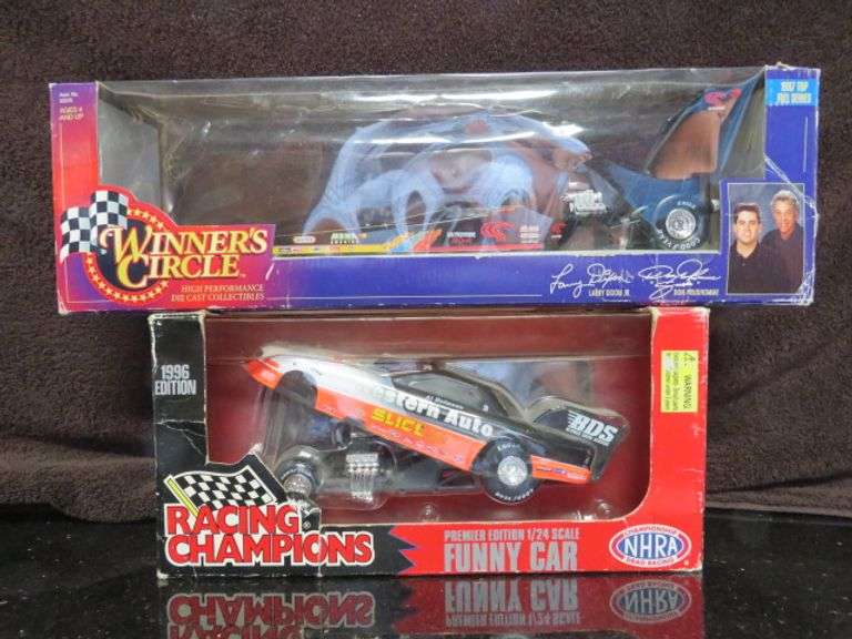 2 - NEW IN THE BOX 1/24 SCALE CARS - 1997 TOP FUEL LARRY DIXON & DON PURDHOMME and 1996 AL HOFFMAN WESTERN AUTO FUNNY CAR - BOTH SELL FOR ONE MONEY - NEW IN THE BOX