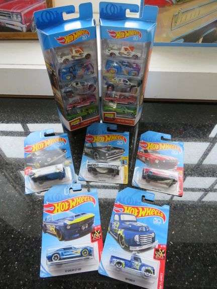 SET OF 15 HOT WHEELS "50th" ANNINVERSARY CARS AND PICKUPS - HOT TRUCKS, MUSTANG, 49 FORD, 67 SHELBY GT 500 & MORE - ALL ARE NEW IN THE PACKAGING - VERY COLLECTIBLE