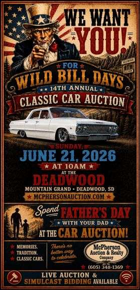 14th Annual Wild Bill Days Classic Car & Memorabilia Auction - Live onsite & Online Bidding