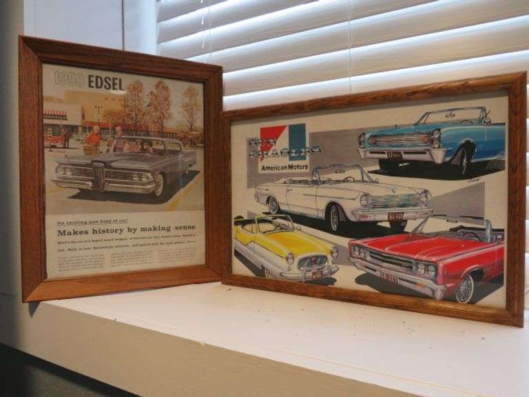 FRAMED 1959 EDSEL CAR AD & "SUN CRUISERS" by AMC CONVERTIBLE CAR AD - RAMED AND READY TO DISPLAY - EDSEL IS 12 1/2" X 16" & THE AMC IS 18" X 12" - BOTH ARE EXCELLENT AND READY TO HANG ON THE WALL