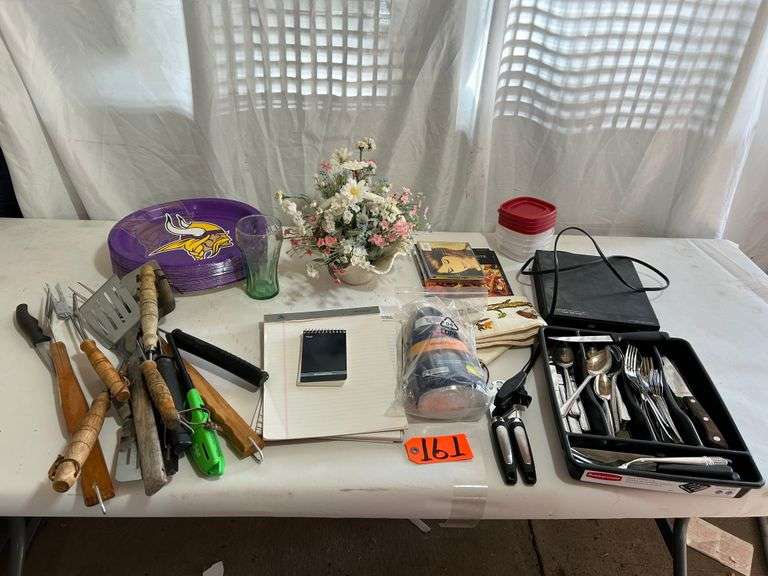 DVD Player, Silverware, Can Opener, Notepads, Vikings Plates, BBQ Utensils