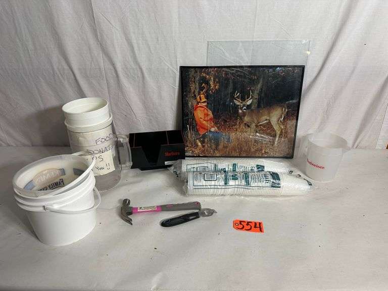 Buckets, Hammer, Bottle Opener, Bar Supply Holder, Deer Hunting Print, Cups, Beer Pitcher
