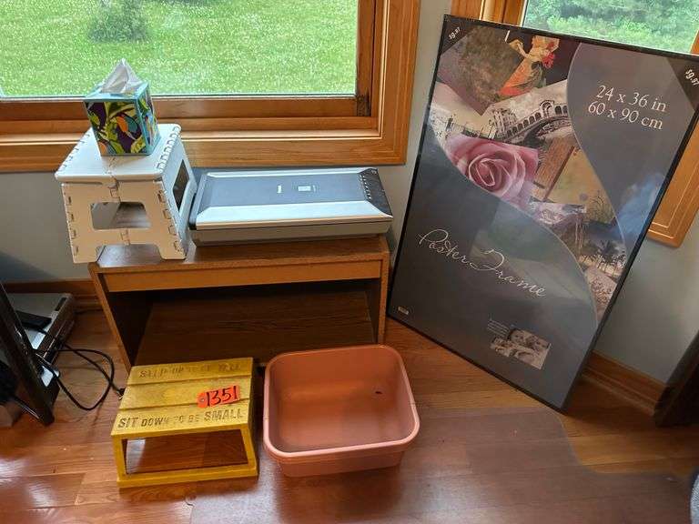 Poster Frame, Scanner, Step Stools, Plastic Bins