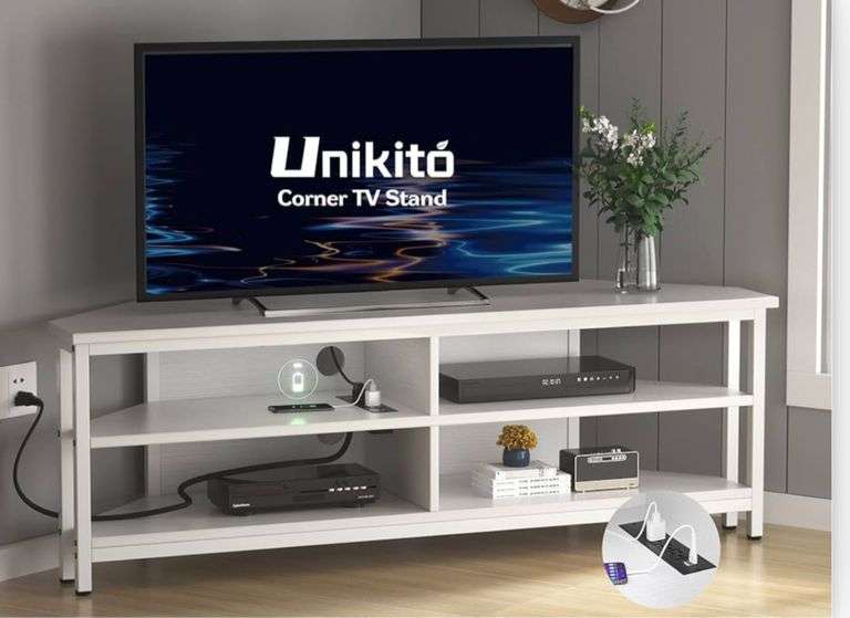 Unikito Corner TV Stand Built-in Power Outlet, Corner Entertainment ...
