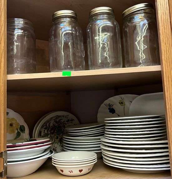 Corelle, Gibson, Heritage and assorted dishes, canning jars Metzger