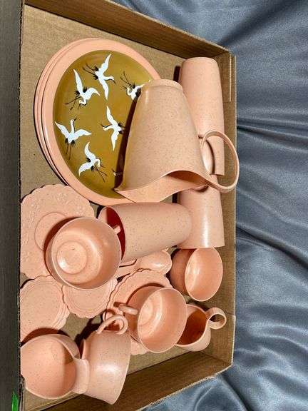Childrens Plastic tea set including enamel plates, plastic cups ...