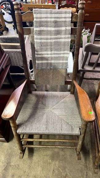 Vintage Wood Rocker with Rope seat and backs with rag rug - Metzger ...