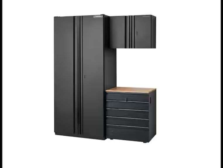 Husky
3-Piece Heavy Duty Welded Steel Garage Storage System in Black (64 in. W x 81 in. H x 24 in. D) tall cabinet has some dents