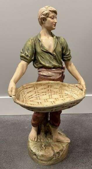 Large Royal Dux Bohemia Statue of a Boy with Weaved Basket and Tree Stump   31"x14"x13"