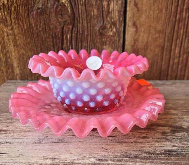 Unmarked Fenton Hobnail Cranberry Ruffle Bowl and Plate 6”
