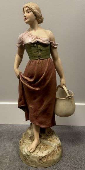 Large Royal Dux Bohemia Porcelain Statue of a Girl with a Pail - Measures: 31"x13"x11"