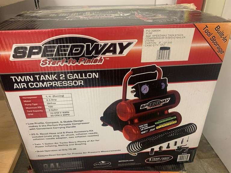 Speedway Start to Finish Twin Tank 2 Gallon Air Compressor-New