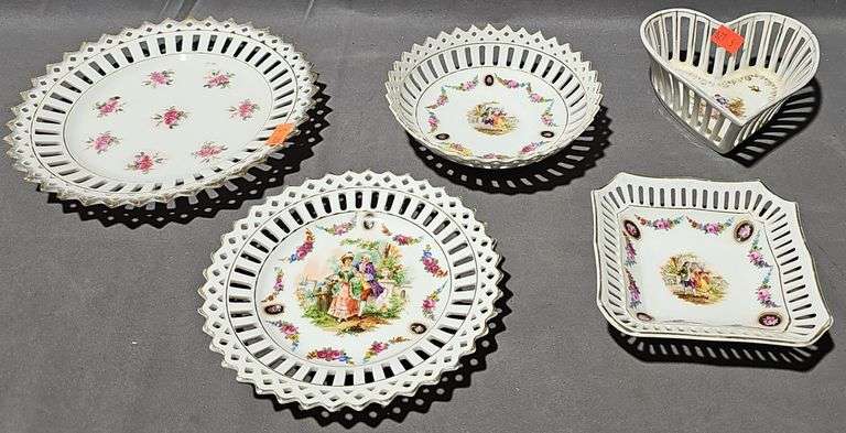 Bavaria Porcelain Reticulated Heart Shaped Trinket Dish 4.5", 2 - Bavaria Porcelain Trinket Dish 4", 5",  2 Bavaria Porcelain Reticulated Plates 5.5" , 7"
