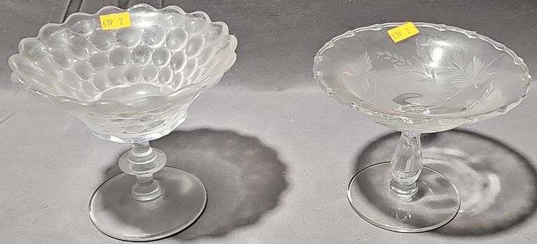 Glass Footed Candy Dish Scalloped Edge 5" H, Etched Footed Candy Dish 4" H