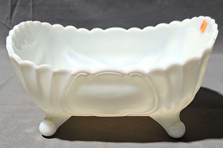 Fenton Hand Painted Square Milk Glass Footed Dish. Scalloped Edge, 8" x 6"