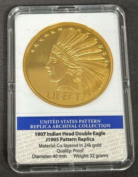 1907 Indian Head Double Eagle J1905 Pattern Replica layered in 24kt ...