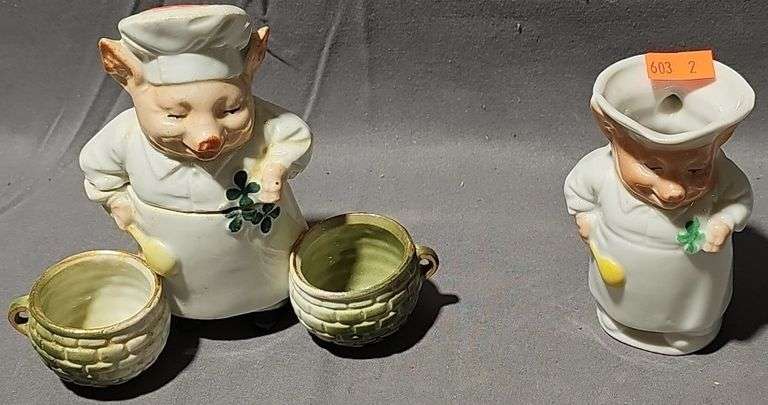 Pig Chef with Apron Toothpick Holder 3.5" H, Pig Chef, with Apron, Double Open Salts, Mustard, and Original Spoon 4" H