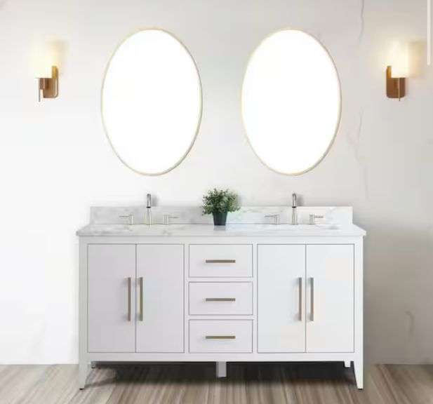 Vanity Art
60 in. W x 22 in. D x 34 in. H Double Sink Bathroom Vanity Cabinet in White with Engineered Marble Top in White