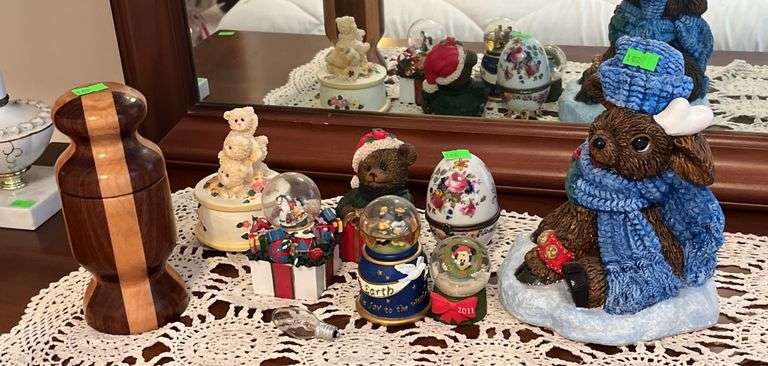 Wood jewelry container, Christmas snow globes , music box, resin bear, porcelain egg