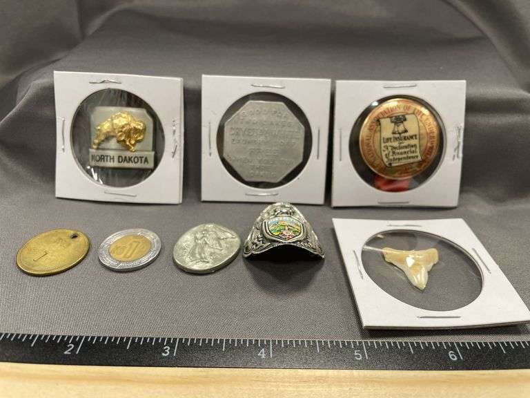 Vintage Hobo Cane Emblem, North Dakota Emblem, Palmolive Soap Token, Life Insurance Button, Tooth, Angel Token, 1994 Mexican Coin, No 1 Token