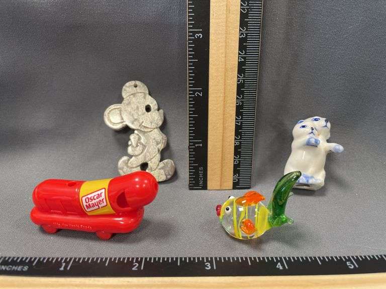 Polished Marble Mickey Mouse, Bone China Cat and Dog, Blown Glass Fish, Oscar Mayer Weiner Whistle