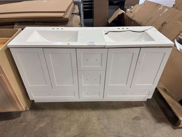 Double sink vanity white with broken top 60”x35”x18”