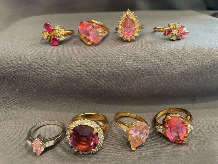 8- Rings including adjustable, gold tone, silver tone, pink stones ...