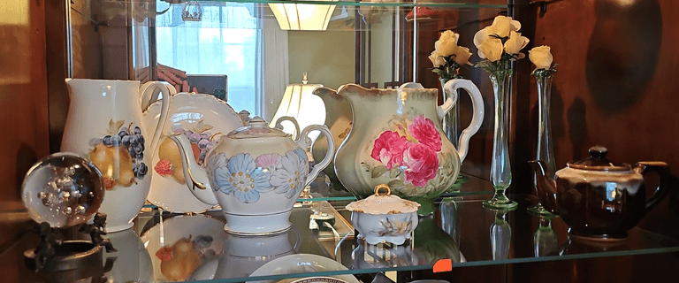 Tuscan Fine Bone China Tea Pot, Germany Floral Pitcher, (2) Green Glass Single Flower Vases, AMF France Trinket Dish, Etc. 4-10”