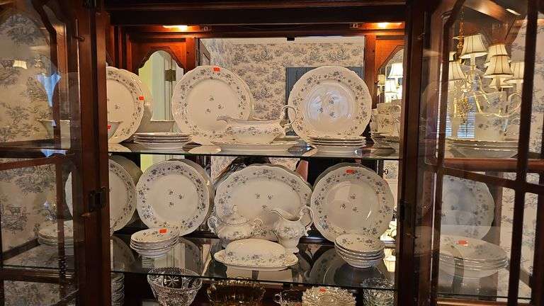 Johann Haviland Bavarian Germany, Blue Garland China Set Service for 8 inc. (8) Dinner Plates 10”, (8) Cups, (8) Saucers, (8) Soup Bowls 8”, (8) Bread and Butter Plates, (8) Dessert Dishes, Vegetable Bowl, Sugar, Creamer, Covered Butter Dish, Gravy Boat, Platter