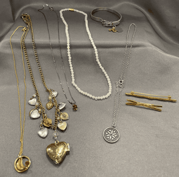 Buckle Bracelet with Charms, Necklace with Rose-Quartz-Like Beads, Italian Sterling Necklace with Garnet Pendant, Necklace with Heart Charms and Locket, Necklace with Amber Colored Stone, Necklace with Heart & Flower Design