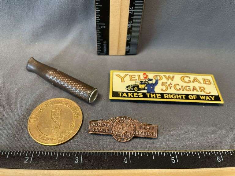 1920s Cigarette Holder, 1930s Porcelain Magnet Advertising 5 Cent Cigar, Solid Brass General Motors 50 Million Cars Coin, Junior Dance Test Skating Pin