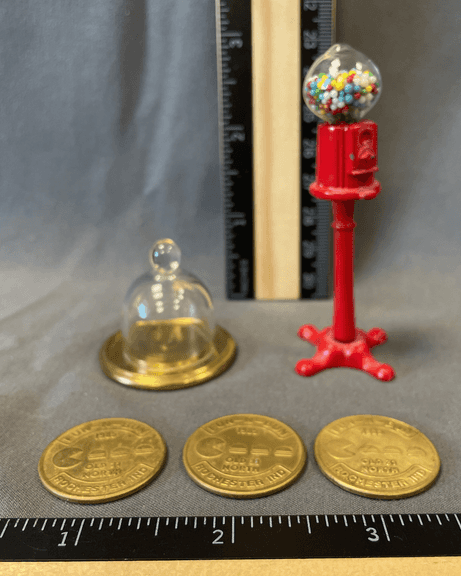 1970s Cast Metal Gumball Machine, Miniature Cheese Saver, Solid Brass Coins Fun-N-Bun 1985 Rochester, IN