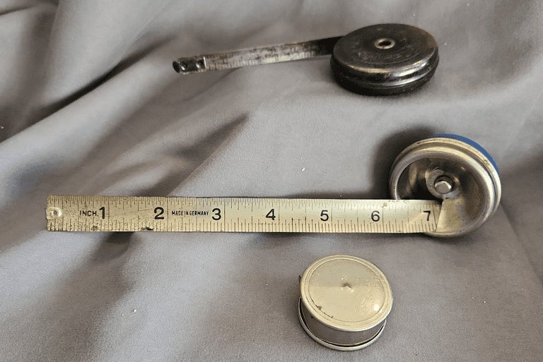 3- Vintage tape measures including silver tone, Mechanics Pal, Germany