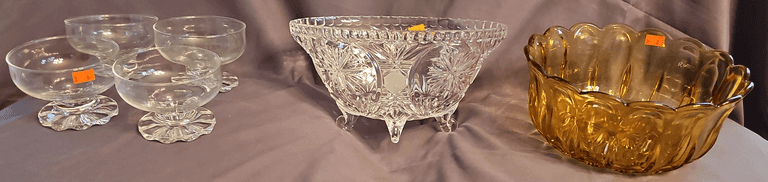 (4) Clear Glass Dessert Cups, Footed Cut Glass Bowl, Amber Glass Bowl 4-9”