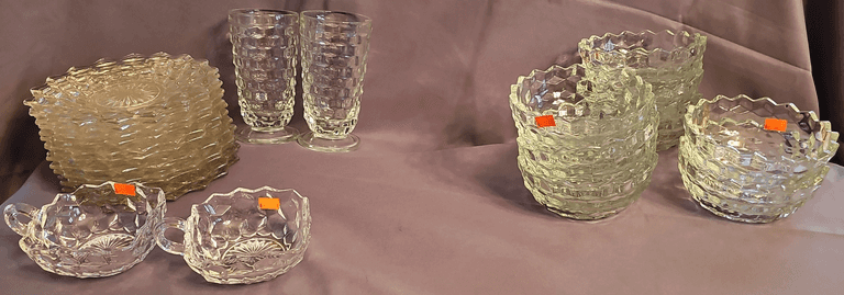 Fostoria Glass Inc. (11) Plates, (8) Bowls, (2) Cups, (2) Tea Cups 5-8”