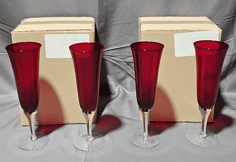 12 Regency Ruby Colony Champagne Flutes w/Clear Twisted Stems Metzger