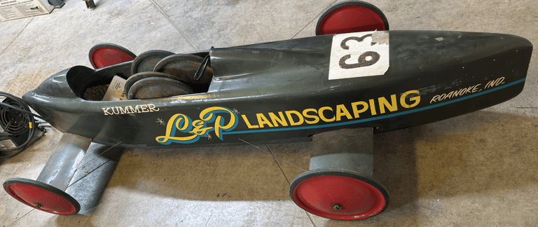 Soap Box Derby Car with Extra Wheels -- Raced in 1971 at Franke Park track in Ft. Wayne! Measures at 78”