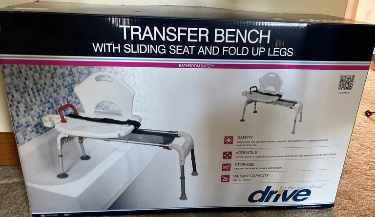 Transfer Bench with sliding seat and fold up legs