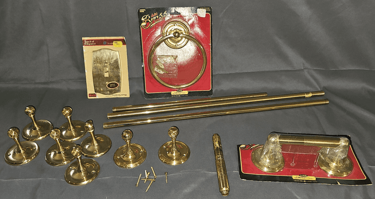 Brass Toilet Paper Holder, (7) Brass Hooks, Brass Towel Holder, etc.