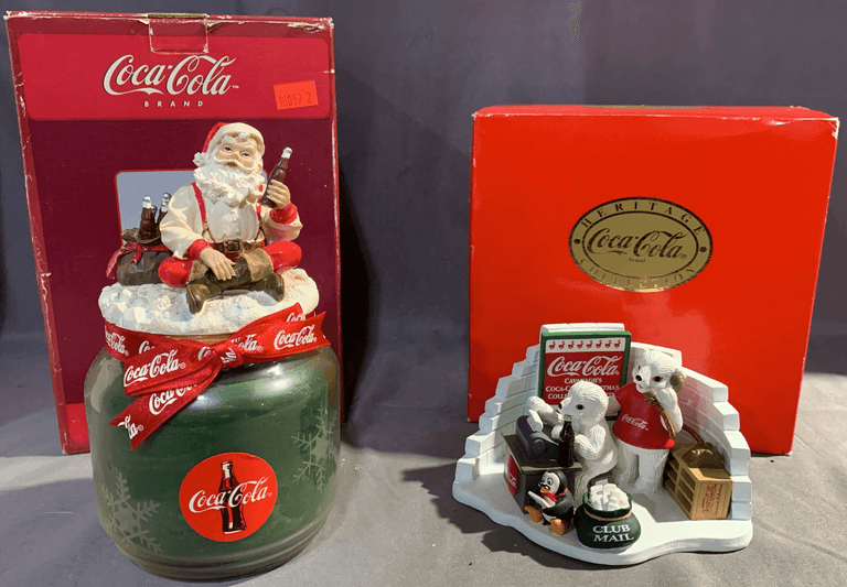 Coca-Cola Brand Heritage Collection Polar Bear and Friends Musical Figurine on Ice Base 5" & Coca-Cola Brand Decorative Holiday Candle 7"