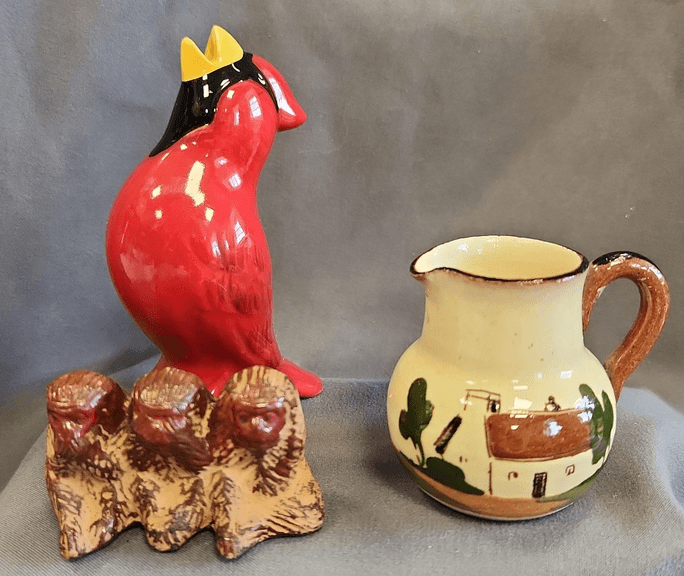 1940s Hand Painted Pitcher Made in England 2⅛" t, Carved Monkey Figurine, Pfaltzgraff Pie Bird