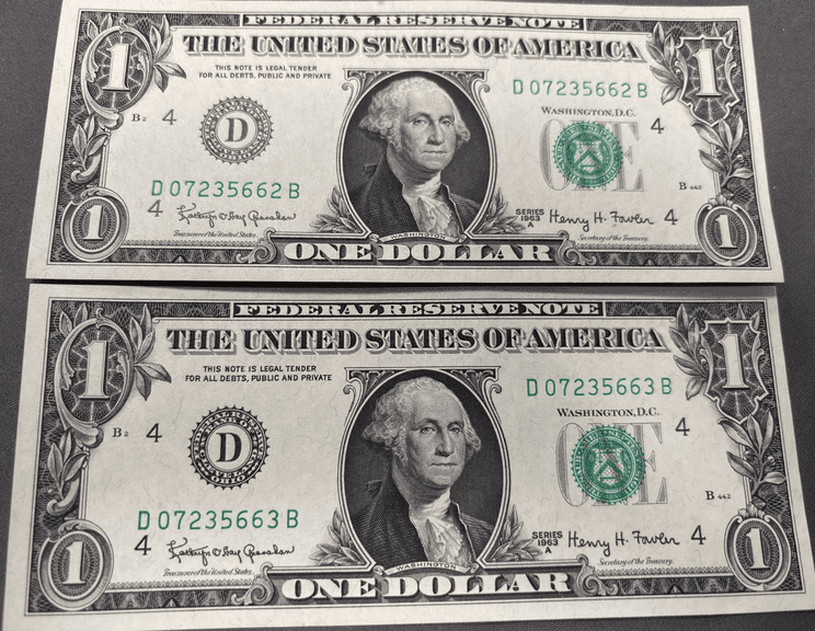 2- U.S. 1963-A Consecutive Serial Number $1 Notes - Metzger Property ...