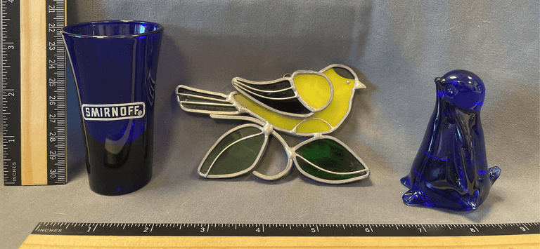 Vintage Cobalt Blue Glass Penguin, Cobalt Blue Smirnoff Shot Glass, 1980’s Leaded Stained Glass Bird