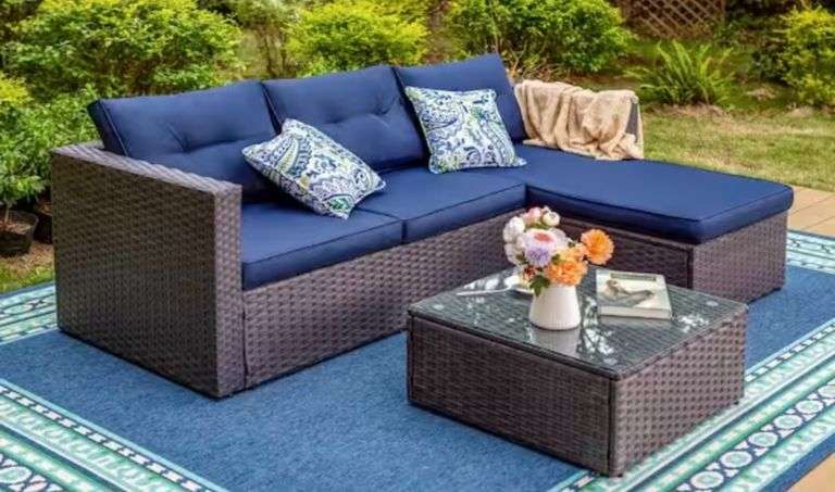Black 3 Seat 3-Piece Rattan Wicker Steel Patio Outdoor Sectional Set ...