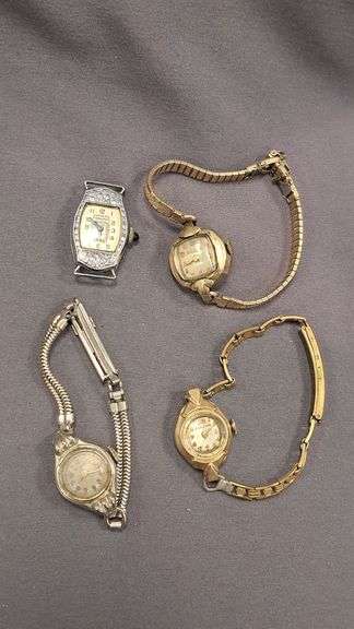 4-Bulova watch assortment including 17 jewel watch 14k gf, 10k rolled gold, silver tone