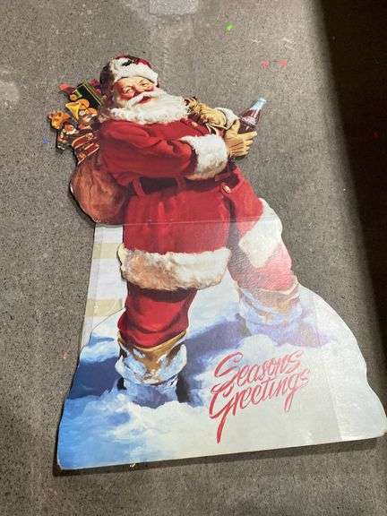 Seasons Greetings Coca-Cola cardboard cutout Santa 50.5”Hx33”W