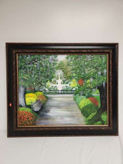 Framed Canvas Painting Fountain Lanscape Scene, artist signed 37" W x 31"H